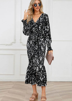 Printed V-Neck Smocked Midi Dress - MimiStylez