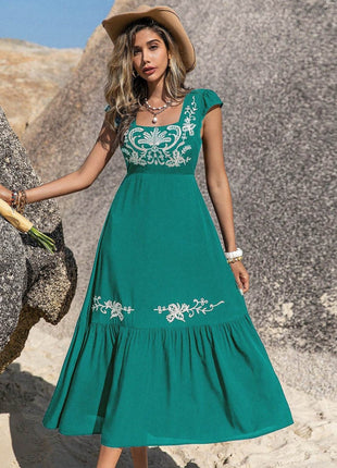 Embroidered Square Neck Cap Sleeve Dress - MimiStylez