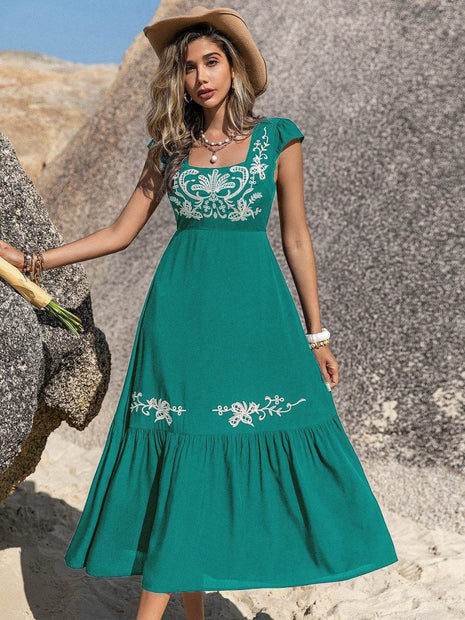 Embroidered Square Neck Cap Sleeve Dress - MimiStylez