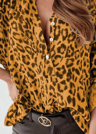 Full Size Leopard Print Roll-Tab Sleeves Blouse Plus Size - MimiStylez