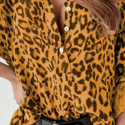 Full Size Leopard Print Roll-Tab Sleeves Blouse Plus Size - MimiStylez