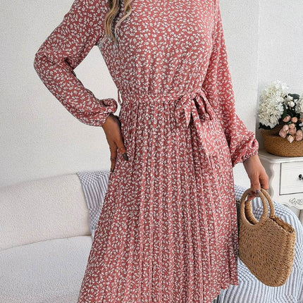 Ditsy Floral Tie Waist Pleated Dress - MimiStylez