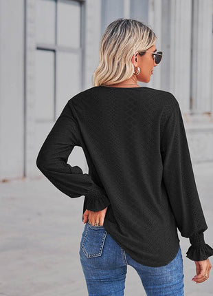V-Neck Eyelet Flounce Sleeve Blouse - MimiStylez