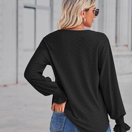 V-Neck Eyelet Flounce Sleeve Blouse - MimiStylez