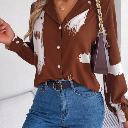 Printed Collared Neck Button Up Shirt - MimiStylez