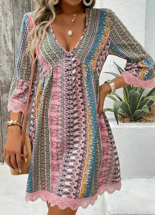 Lace Trim Printed V-Neck 3/4 Sleeve Dress - MimiStylez