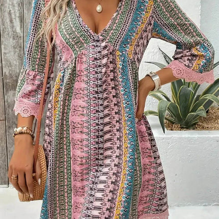 Lace Trim Printed V-Neck 3/4 Sleeve Dress - MimiStylez