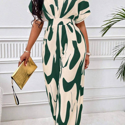 Printed V-Neck Short Sleeve Wide Leg Jumpsuit - MimiStylez