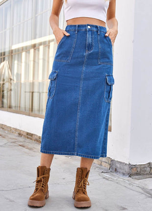 Slit Midi Denim Skirt with Pockets - MimiStylez