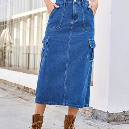Slit Midi Denim Skirt with Pockets - MimiStylez
