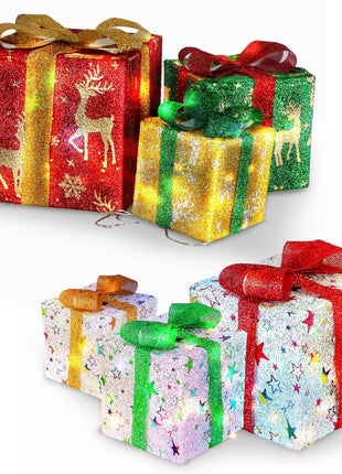 Star-Deer Pattern Options -- Set Of 3 Christmas Lighted Gift Boxes Xmas Present Ornament 50 LED Christmas Box Decorations With Ribbon Bows IP44 Waterproof Battery Powered For Indoor Outdoor Decor