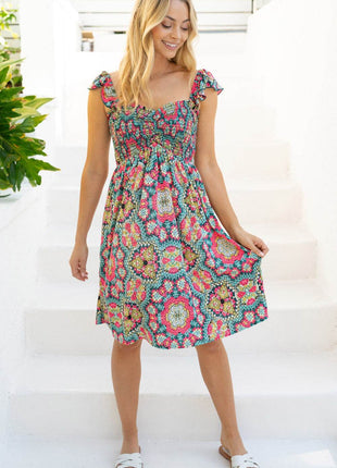 White Birch Printed Smocked Sleeveless Dress - MimiStylez