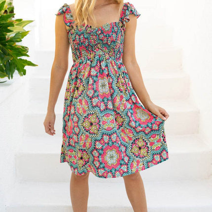 White Birch Printed Smocked Sleeveless Dress - MimiStylez
