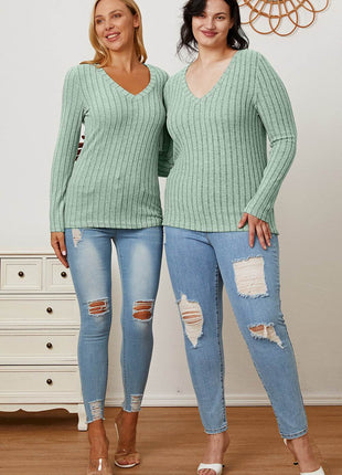 Basic Bae Full Size Ribbed V-Neck Long Sleeve T-Shirt - MimiStylez