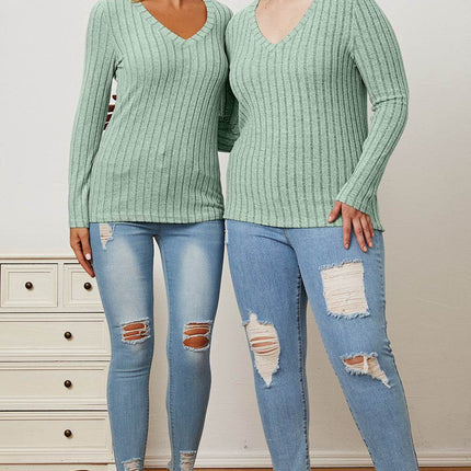 Basic Bae Full Size Ribbed V-Neck Long Sleeve T-Shirt - MimiStylez