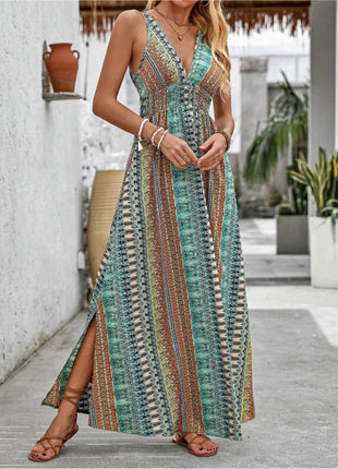 Tied Back Printed Sleeveless Maxi Slit Dress - MimiStylez