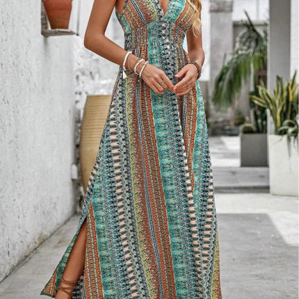 Tied Back Printed Sleeveless Maxi Slit Dress - MimiStylez