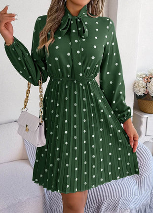Polka Dot Tie Neck Pleated Dress - MimiStylez