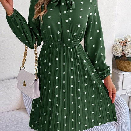 Polka Dot Tie Neck Pleated Dress - MimiStylez