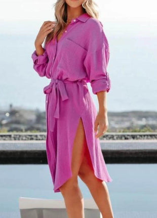 Button Down Tie Waist Shirt Dress - MimiStylez