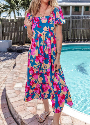 Printed Square Neck Short Sleeve Midi Dress - MimiStylez