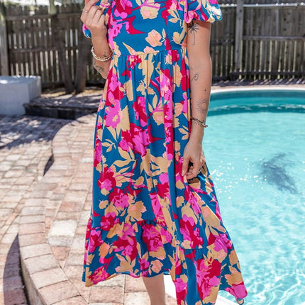 Printed Square Neck Short Sleeve Midi Dress - MimiStylez
