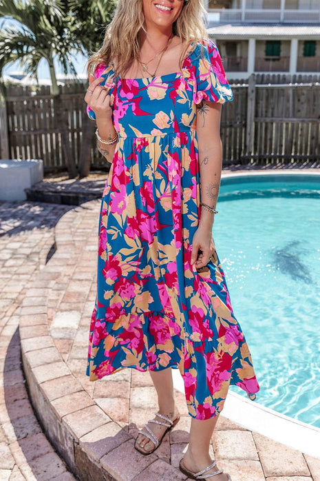 Printed Square Neck Short Sleeve Midi Dress - MimiStylez
