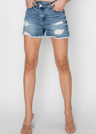 RISEN Stepped Waist Frayed Denim Shorts - MimiStylez