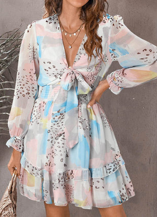 Printed Flounce Sleeve Mini Dress - MimiStylez