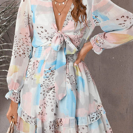 Printed Flounce Sleeve Mini Dress - MimiStylez