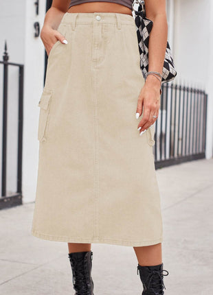 Slit Buttoned Denim Skirt with Pockets - MimiStylez