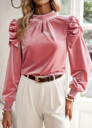 Tie Up Mock Neck Velvet Fabric Long Sleeve Blouse - MimiStylez