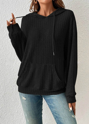 Ribbed Dropped Shoulder Drawstring Hoodie - MimiStylez