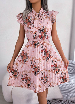 Pleated Floral Printed Tie Neck Knee Length Dress - MimiStylez