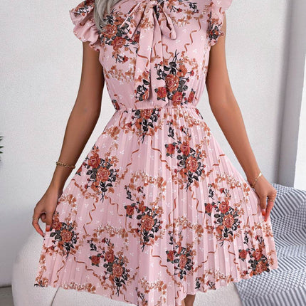 Pleated Floral Printed Tie Neck Knee Length Dress - MimiStylez