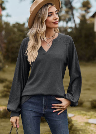 Notched Neck Raglan Sleeve Blouse - MimiStylez