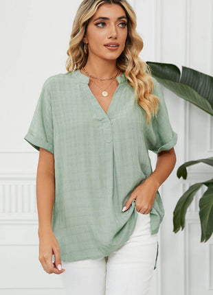 Side Slit Notched Neck Cuffed Short Sleeve Blouse - MimiStylez
