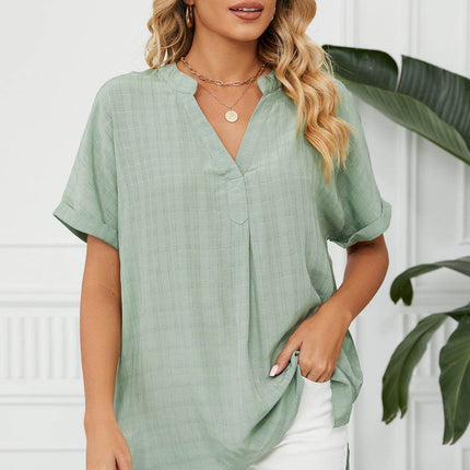 Side Slit Notched Neck Cuffed Short Sleeve Blouse - MimiStylez