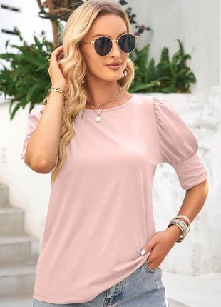 Round Neck Lantern Sleeve Blouse - MimiStylez