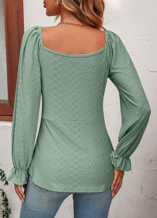 Tie Front V-Neck Puff Sleeve Blouse - MimiStylez