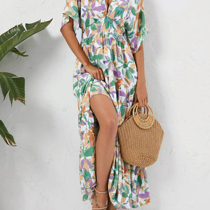 Floral Print V-neck Boho Midi Dress - MimiStylez