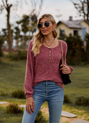 Round Neck Button-Down Long Sleeve Tee - MimiStylez