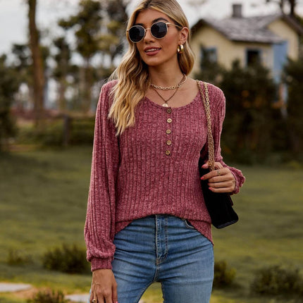 Round Neck Button-Down Long Sleeve Tee - MimiStylez