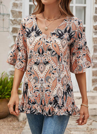Printed Flounce Sleeve Ruffle Hem Blouse - MimiStylez