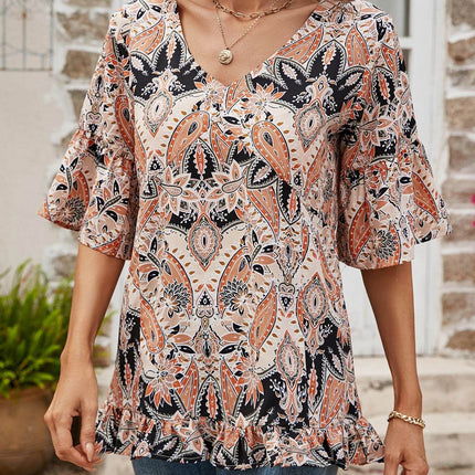 Printed Flounce Sleeve Ruffle Hem Blouse - MimiStylez