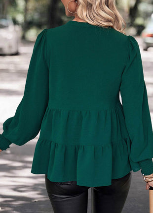 Notched Neck Lantern Sleeve Blouse - MimiStylez