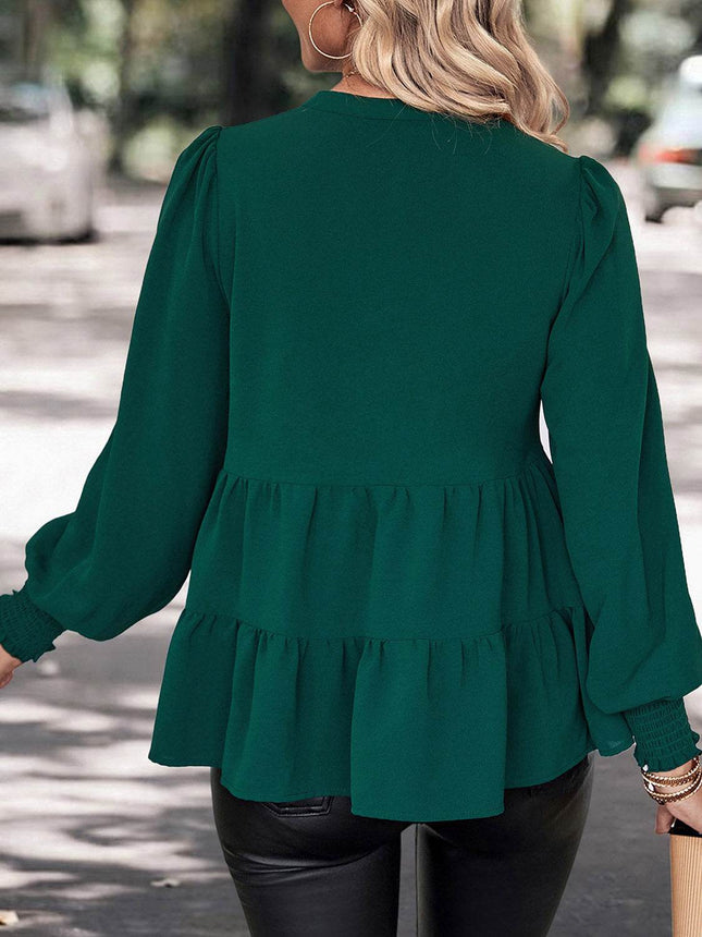 Notched Neck Lantern Sleeve Blouse - MimiStylez