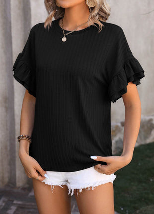 Ruffled Round Neck Short Sleeve Blouse - MimiStylez