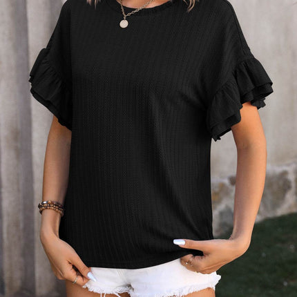 Ruffled Round Neck Short Sleeve Blouse - MimiStylez
