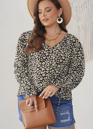 Plus Size Floral Flounce Sleeve Tie-Neck Blouse - MimiStylez